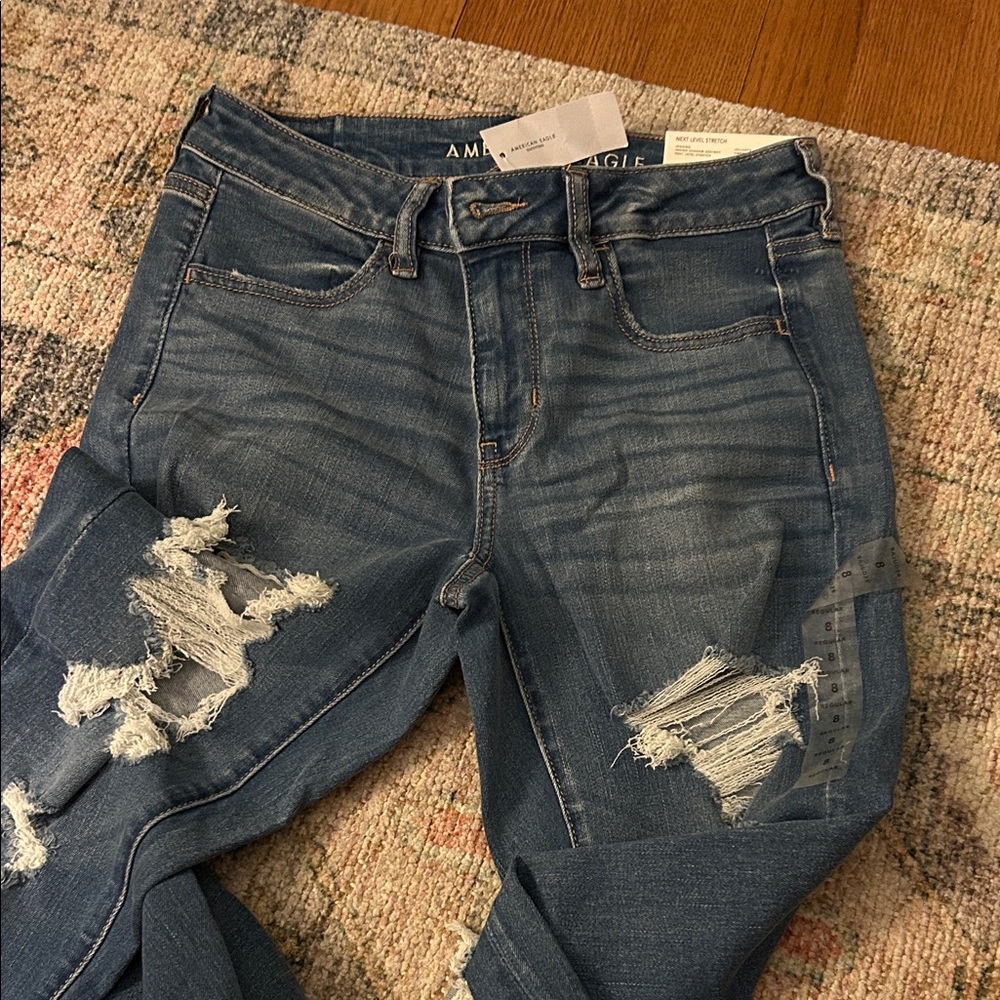 American Eagle Outfitters Women's Dark Blue Ripped Skinny Jeans